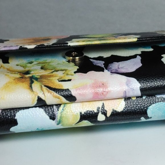 Black Floral Clutch Wallet Purse Handbag Metal Handles w Crossbody Chain Strap - Picture 9 of 9